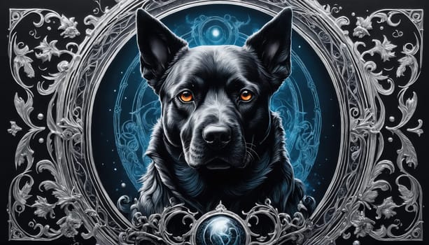 A striking black dog is centered in a detailed ornamental design featuring swirling patterns and a celestial backdrop, creating a mystical ambiance around the canine.