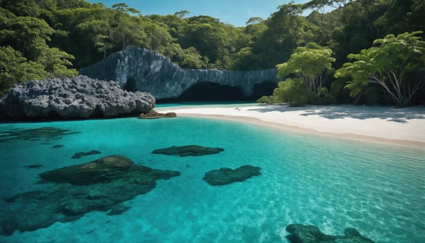 Visitors enjoy a serene sandy beach surrounded by lush greenery and dramatic rock formations under a clear blue sky, reflecting the tranquility of nature.