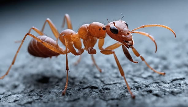 An orange ant moves across a rough surface, showcasing its detailed features and fine textures. The lighting highlights the ant's intricate body structure.