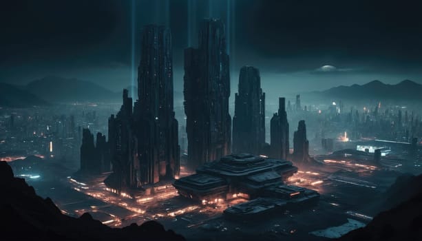 A sprawling futuristic city emerges from the darkness, featuring towering buildings bathed in neon light. The skyline is dramatic, with intricate designs and glowing pathways connecting structures.