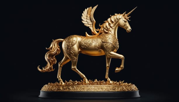 A beautifully crafted golden unicorn sculpture stands majestically with wings spread, showcasing elaborate detailing.