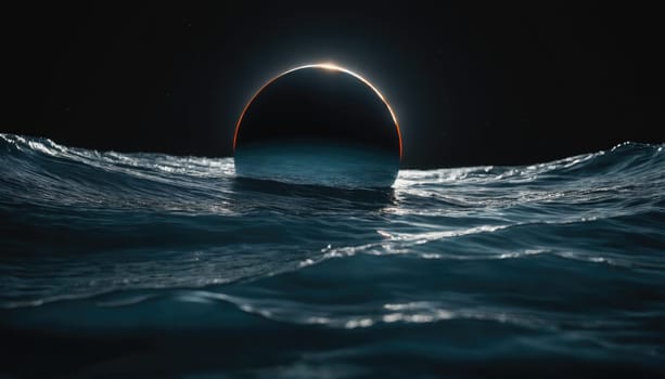 A stunning eclipse reflects off calm ocean waters under a starry sky at night. The dark silhouette contrasts beautifully with the shimmering waves, creating a dreamlike view.