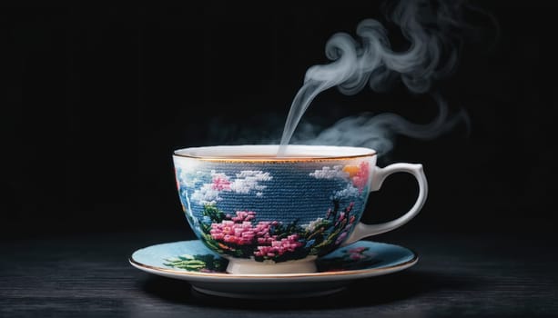 A decorative china cup filled with tea sits on a matching saucer. Steam rises from the cup, while vibrant colors depict blossoms and scenery on the china.