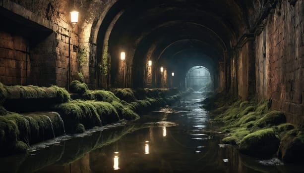 A serene underground tunnel features mossy banks and still water flowing quietly. Dim lights cast a warm glow, creating an atmospheric ambiance in this hidden space.