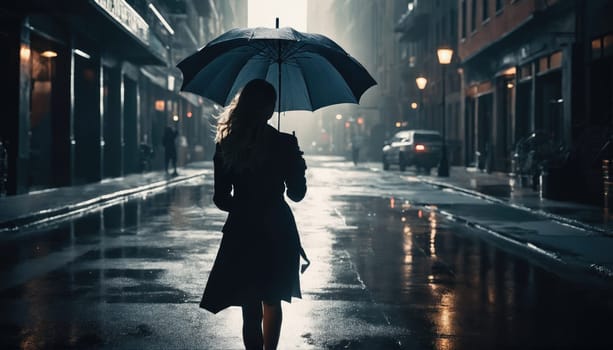 A woman in a dark coat walks alone on a wet street illuminated by soft lights. Raindrops glisten, creating a reflective atmosphere as she carries an umbrella amidst the city.