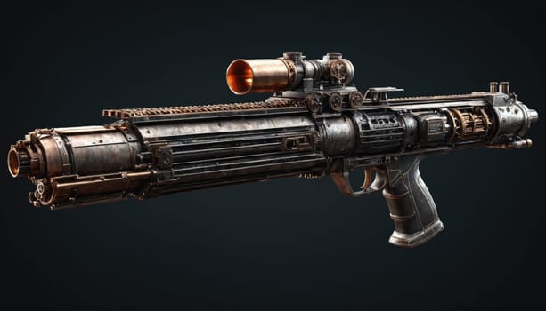 This artwork showcases a uniquely designed futuristic weapon featuring an elongated body, complex mechanical details, and a sophisticated sighting system, highlighting its advanced technology.