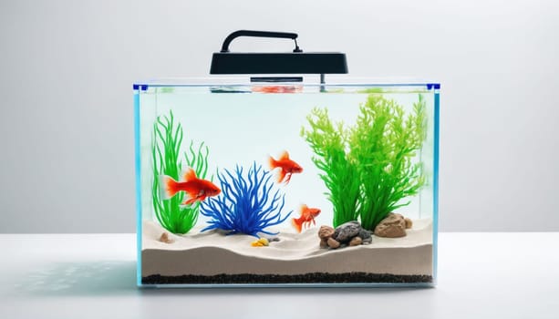 A well-maintained aquarium features several goldfish swimming among bright, artificial plants in varieties of green and blue. The substrate is light and enhances visibility.