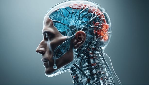 A detailed representation of a human head reveals transparent sections of the brain, highlighting neural pathways and cognitive regions in an innovative visualization.