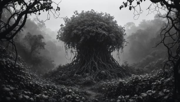 An ancient tree rises prominently in a foggy forest, its thick roots sprawling across the ground. Surrounding greenery shrouded in mist creates a mystical atmosphere.