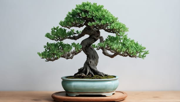 A detailed bonsai tree stands gracefully in a ceramic pot on a wooden table, displaying its lush green leaves and twisted trunk. Natural lighting enhances its beauty.