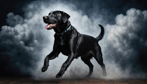 A black labrador is energetically running in a dark, smoky atmosphere, with its mouth open and tail wagging, capturing the essence of playful joy and vitality.