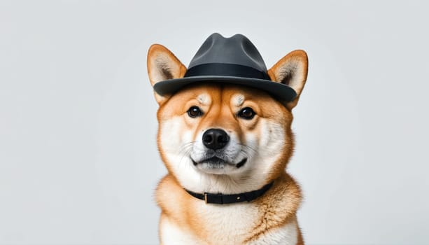 A Shiba Inu dog dons a fashionable hat and collar, posing with a composed demeanor against a plain background, showcasing its unique personality and charm.