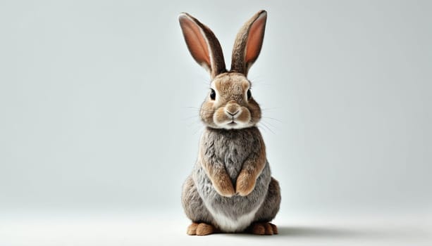 A fluffy rabbit stands upright with its paws together against a plain light background. Its fur is soft and detailed, highlighting its charming expression and large ears.