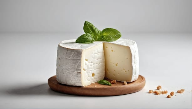 A round cheese wheel with a creamy center is showcased with a slice cut out. Green basil leaves are placed atop, adding a fresh touch to the wooden board.
