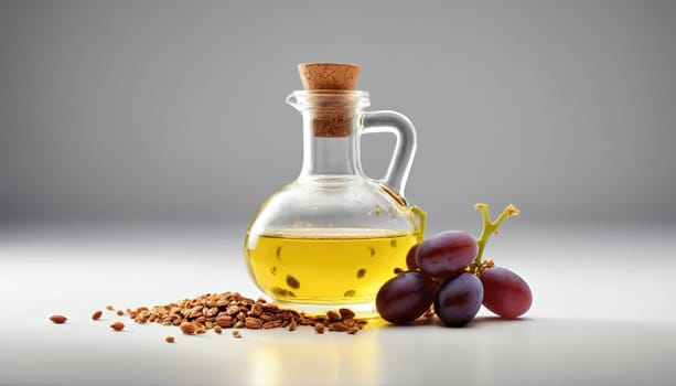A glass bottle of olive oil sits beside a cluster of grapes and scattered seeds. The arrangement features a minimalist style highlighting natural ingredients.