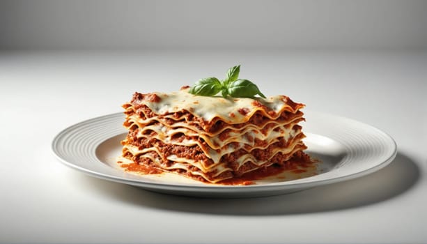 Layers of rich meat, cheese, and pasta create a mouthwatering lasagna on a white plate. A fresh basil leaf enhances the presentation, tempting food lovers everywhere.
