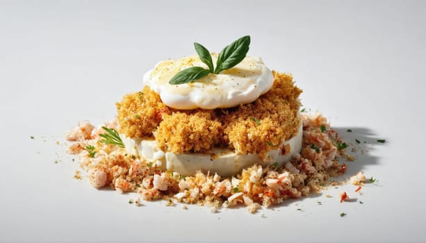 A beautifully arranged dessert features a creamy base topped with golden, crispy layers and garnished with fresh herbs. The minimalist backdrop highlights the treat's appeal.