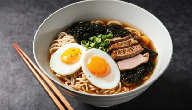 A steaming bowl of ramen features tender noodles, a rich broth, soft-boiled eggs with golden yolks, slices of meat, and fresh green onions, inviting an appetizing experience.