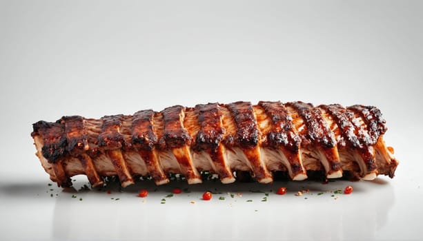 Deliciously cooked ribs are arranged neatly, showcasing glazed barbecue sauce and seasoning. The presentation highlights their tender texture and inviting appearance.