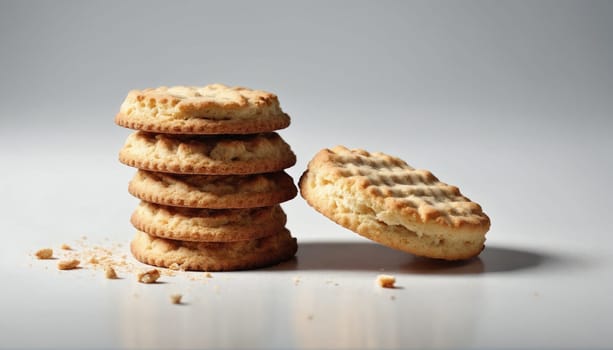 A tall stack of fresh cookies stands on a white surface, with one cookie leaning against the stack and crumbs scattered nearby, inviting a delicious snack.