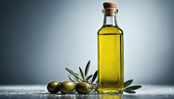 Bright green olives sit next to a glass bottle filled with golden olive oil, highlighting the natural beauty of healthy ingredients ideal for cooking and dressing salads.