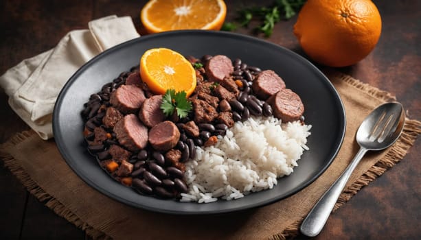 A hearty meal featuring a mix of black beans and rice topped with slices of sausage and an orange wedge, served on a dark plate with a rustic table setting.