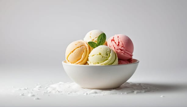 A bowl holds four distinct flavors of ice cream, including yellow, green, pink, and white. The arrangement is simple and inviting, set against a clean background.