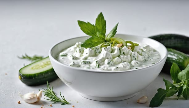 A bowl of creamy cucumber yogurt dip is presented, topped with fresh herbs and surrounded by cucumber slices and garlic. This dish is perfect for summer gatherings.