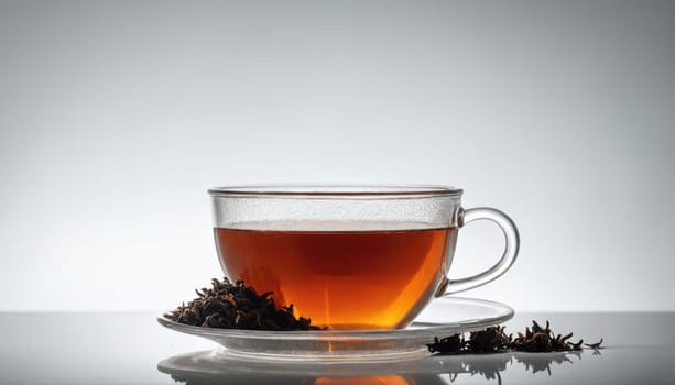 A clear glass cup filled with steaming brown tea sits on a small plate. Loose black tea leaves are scattered next to the cup on a shiny surface, creating an inviting atmosphere.