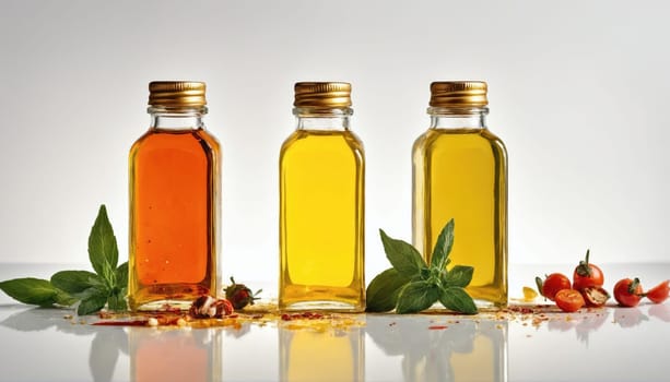 Three glass bottles filled with vibrant oils stand on a shiny surface, accompanied by fresh herbs and colorful spices, creating an enticing culinary display.