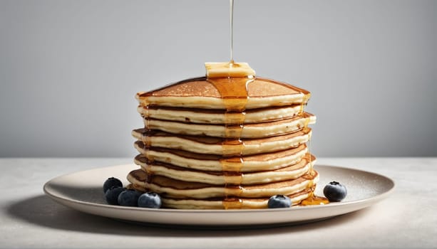 Tall stack of golden pancakes, drizzled with warm syrup, accompanied by fresh blueberries, presented on a clean plate, perfect for a hearty breakfast.
