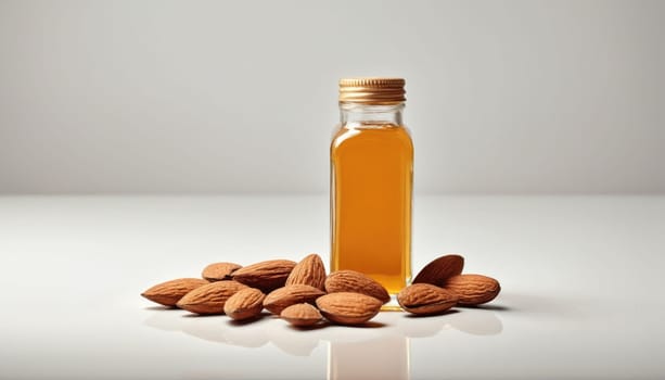 A glass bottle filled with golden almond oil stands beside scattered raw almonds. The arrangement highlights the natural ingredients and purity of the oil against a light backdrop.