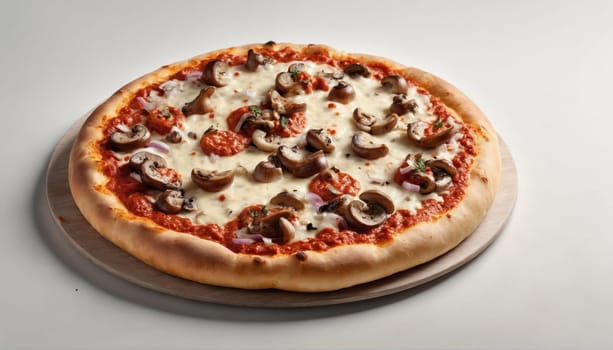 This appetizing pizza features a golden crust topped with rich tomato sauce, melted cheese, and generous slices of mushrooms. Perfect for sharing at a gathering or quiet meal.