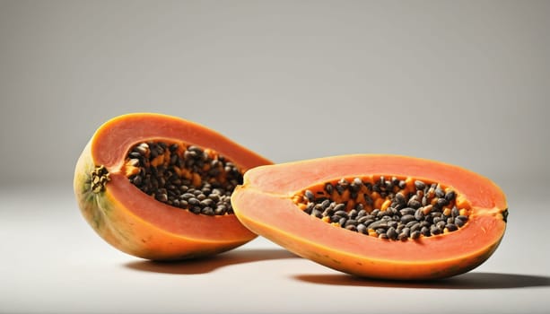 Two halves of ripe papaya reveal bright orange flesh and small black seeds. The simple backdrop emphasizes the fruit's natural beauty and freshness, ideal for healthy eating.