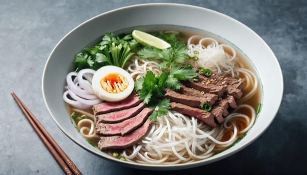 A bowl filled with steaming beef pho showcases tender slices of beef, fresh herbs, lime wedges, and a soft-boiled egg. It is presented with chopsticks on a dark surface.