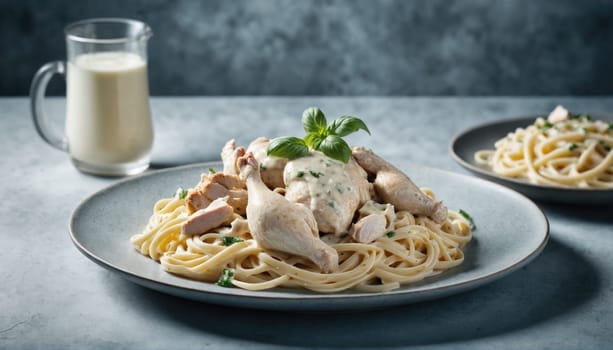 A delicious creamy chicken pasta dish is plated with spaghetti and basil on top. A glass of beverage sits nearby, creating a cozy and inviting ambiance.