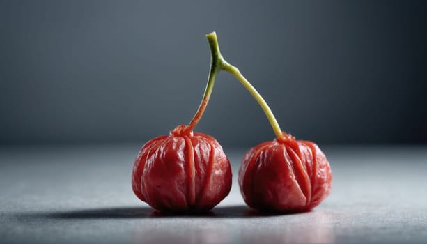 Vibrant red chili peppers are positioned closely together, showcasing their unique wrinkled texture and bright color. The lighting emphasizes their shape and freshness.