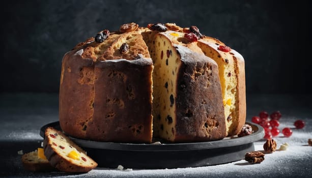 A beautifully presented fruitcake displays rich textures and colors, with slices cut away, showcasing fruits and nuts. The dark background enhances the cake's inviting appearance.