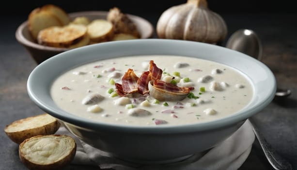 A bowl of rich clam chowder is topped with crispy bacon and garnished with chopped herbs, surrounded by garlic cloves and slices of rustic bread on a dark background.