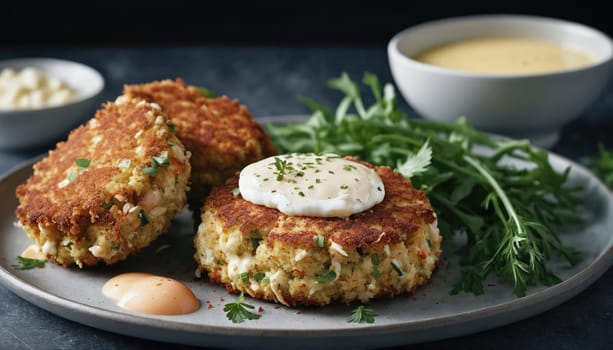 Crispy crab cakes are plated with a dollop of creamy sauce and garnished with fresh greens, creating an appetizing presentation perfect for a culinary delight.