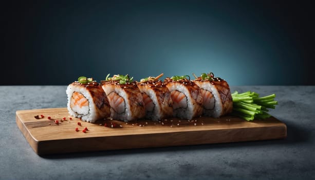 Five sushi rolls topped with grilled shrimp sit elegantly on a wooden board. Fresh garnishes and sesame seeds add color against the dark background, creating an appetizing presentation.