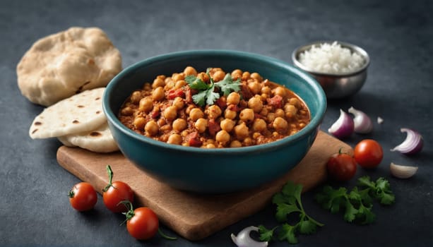 A vibrant chickpea curry sits in a blue bowl, garnished with a fresh cilantro leaf. Accompanying it are soft bread, rice in a bowl, fresh tomatoes, and slices of onion, all arranged beautifully.