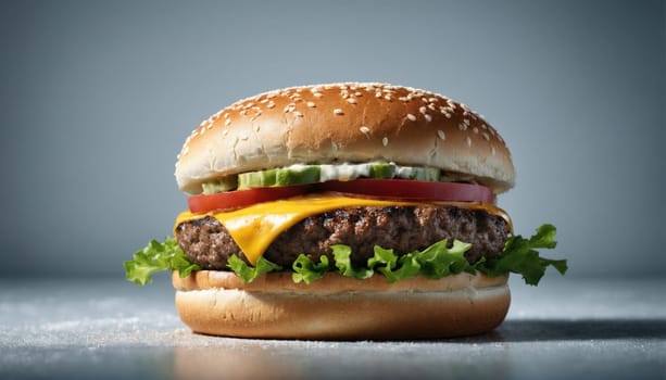 A mouthwatering cheeseburger sits on a clean surface, featuring a juicy beef patty, melted cheese, crisp lettuce, sliced tomatoes, pickles, and creamy sauce in a sesame seed bun.