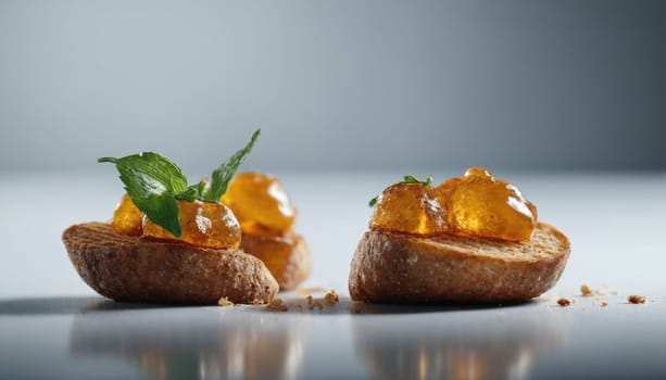 Two pieces of toasted bread are artfully arranged, each topped with shiny jelly and fresh mint leaves, creating an elegant dessert display on a softly lit surface.