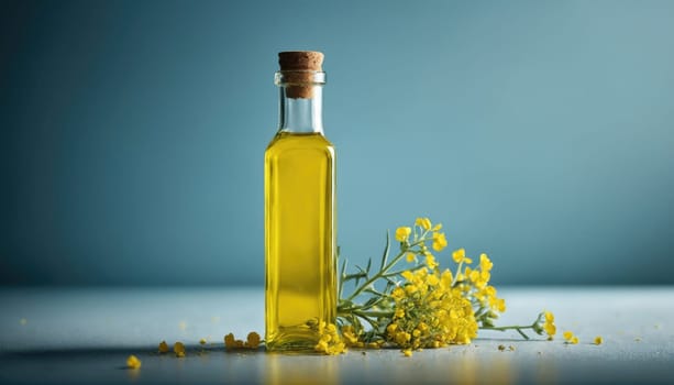 A clear glass bottle filled with golden oil sits beside vibrant yellow flowers against a soft blue background, showcasing a tranquil and natural aesthetic ideal for culinary and wellness themes.