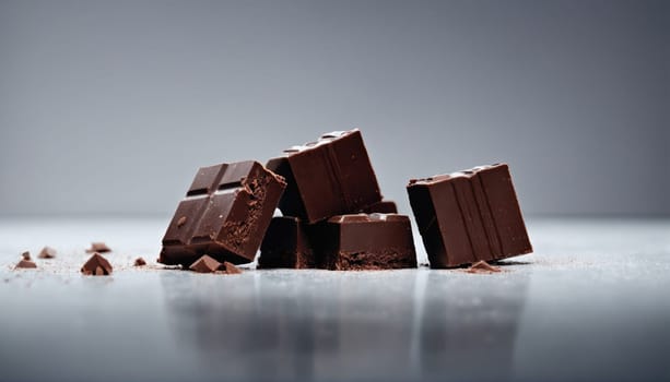 Pieces of dark chocolate are neatly stacked and scattered on a shiny surface. The rich colors and textures highlight the quality of the chocolate, making it visually appealing.