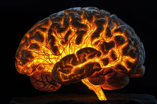Abstract representation of a human brain featuring glowing neural networks and synapses against a dark background, Generative AI.