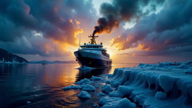 A large ship is sailing in the ocean with a beautiful sunset in the background. The sky is filled with clouds, creating a moody atmosphere. The ship is the main focus of the image