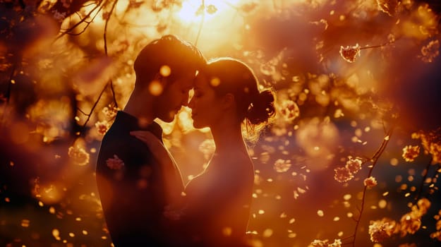 Two individuals share a tender moment as they stand close together, surrounded by delicate cherry blossoms illuminated by the warm glow of the setting sun - Generative AI
