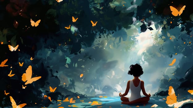 A serene setting featuring a young woman sitting cross-legged in meditation within a lush forest. Golden butterflies dance around her, enhancing the tranquil atmosphere - Generative AI